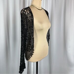 Black Beaded Crochet Cardigan Bell Sleeve Boho Gothic Open Knit Embellished